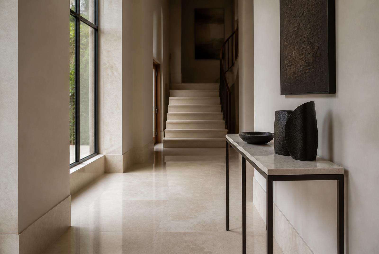 Bright limestone entrance hall with carbon fibre objects on a slim console