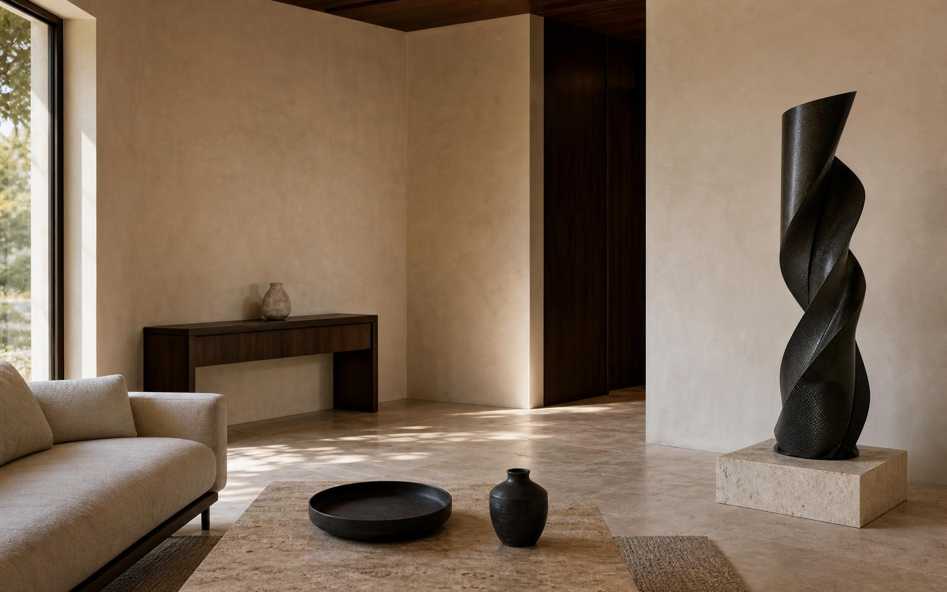 Warm plaster living room in natural daylight with a dark sculptural form, travertine table and quiet design objects